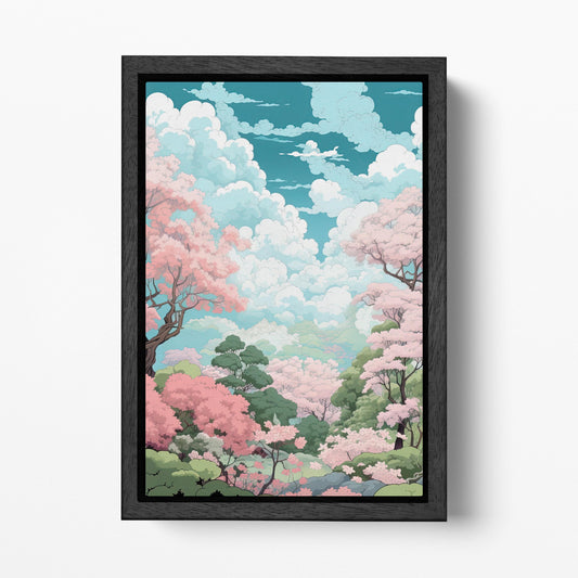 Anime-Inspired Sakura Clouds Japanese Garden Wall Art Eco Leather Canvas Wall Decor Print Black Frame