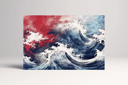 Red & Blue Waves Dynamic Japanese-Inspired Ocean Home Art Wall Decor Eco Leather Print