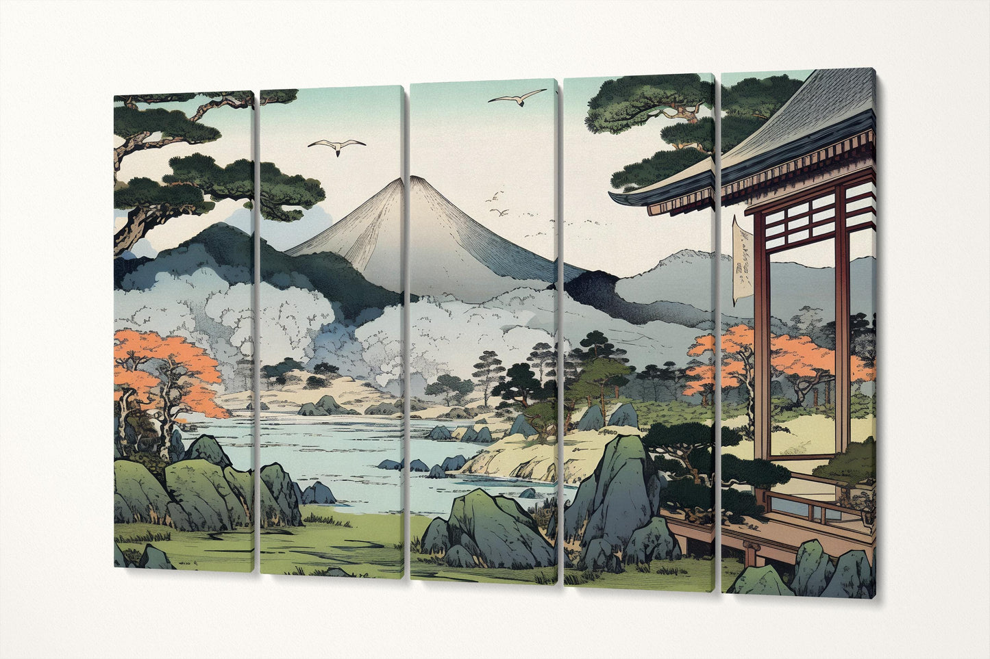 Zen Serenity Japanese Temple & Mountain Scene Canvas Home Art Wall Decor Eco Leather Print 5 Panels