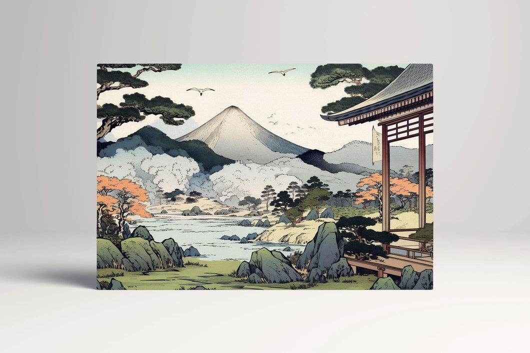 Zen Serenity Japanese Temple & Mountain Scene Canvas Home Art Wall Decor Eco Leather Print