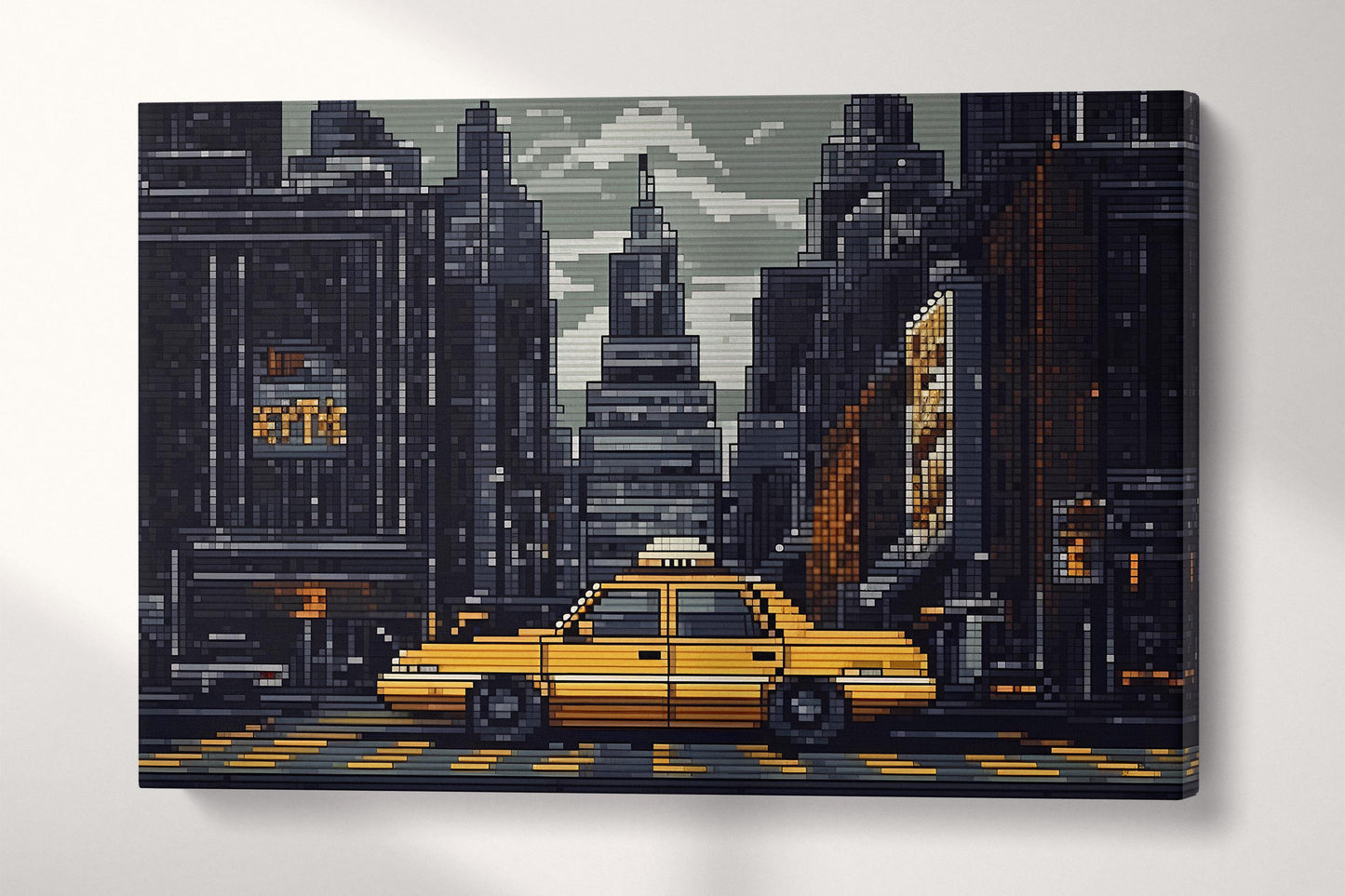 Pixelated New York Yellow Cab 8-Bit Urban Style Print Canvas Home Art Wall Decor Eco Leather Print Single Panel