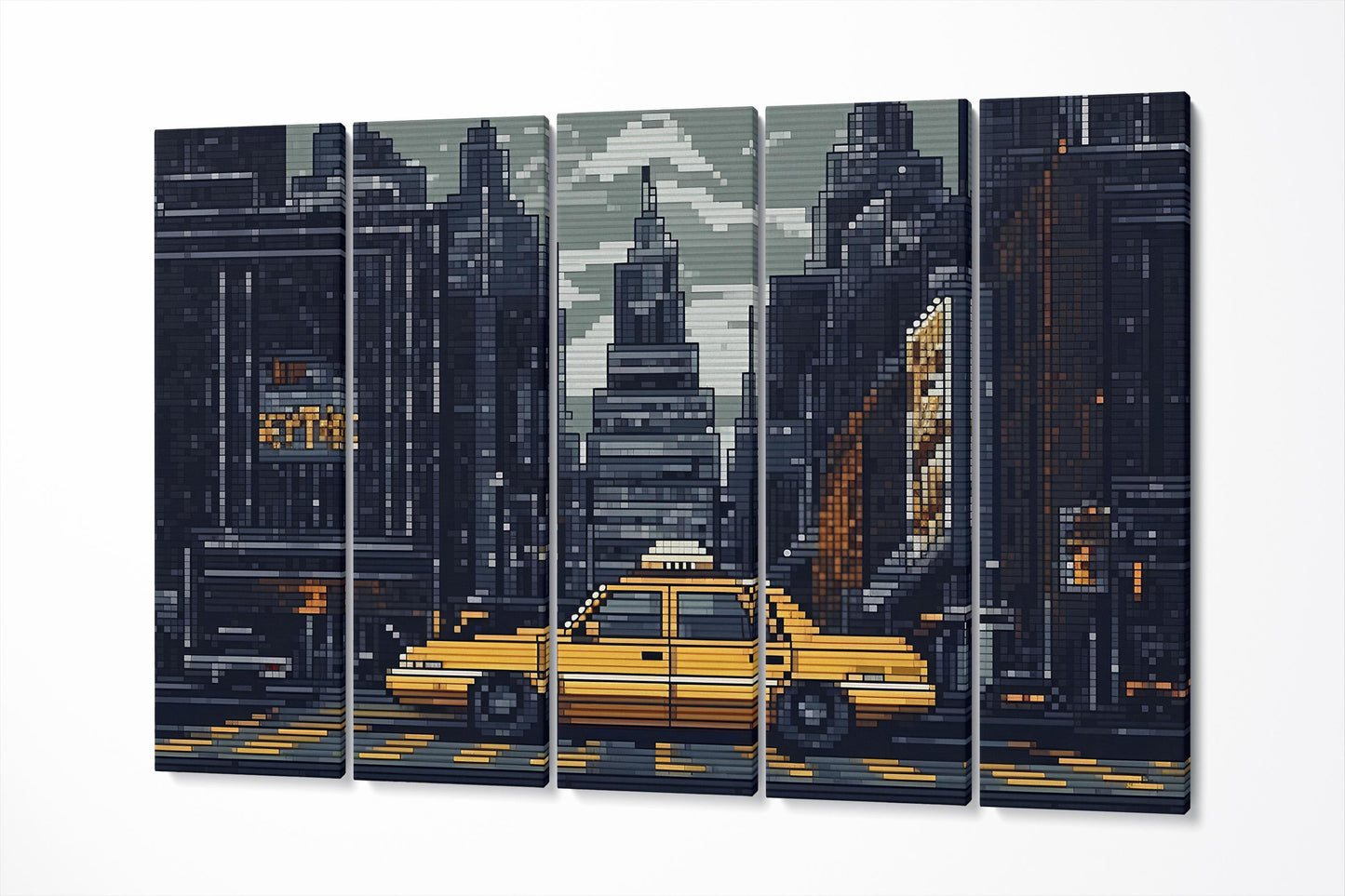 Pixelated New York Yellow Cab 8-Bit Urban Style Print Canvas Home Art Wall Decor Eco Leather Print 5 Panels
