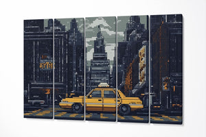 Pixelated New York Yellow Cab 8-Bit Urban Style Print Canvas Home Art Wall Decor Eco Leather Print 5 Panels