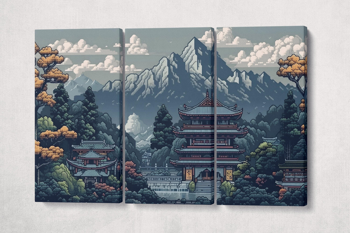 Retro 8-Bit Japanese Temple Videogame Landscape Canvas Home Art Wall Decor Eco Leather Print 3 Panels