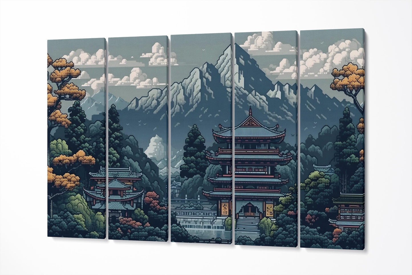 Retro 8-Bit Japanese Temple Videogame Landscape Canvas Home Art Wall Decor Eco Leather Print 5 Panels