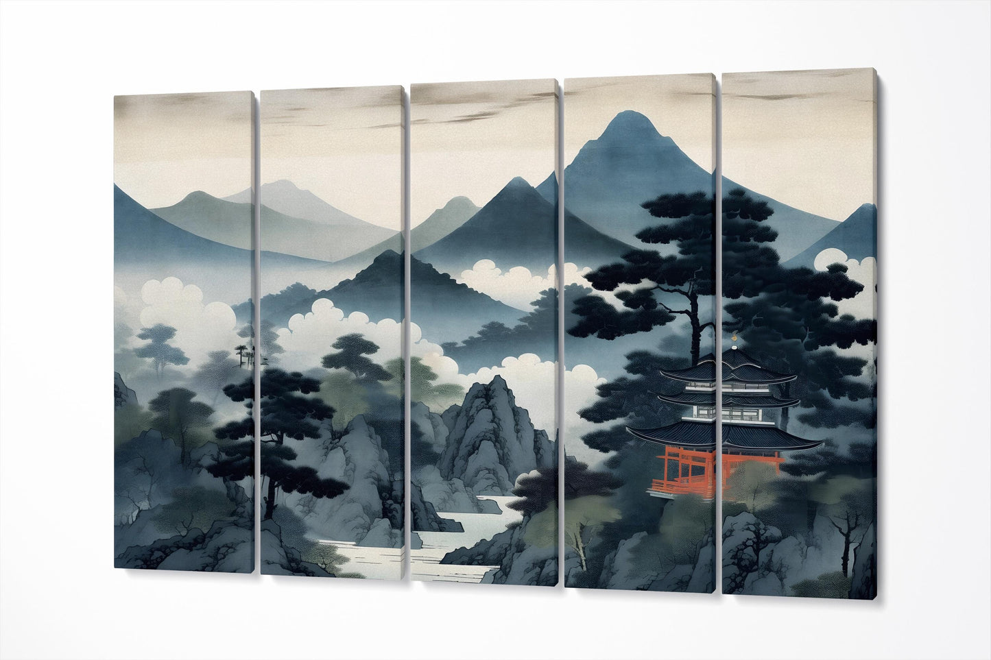 Mystic Ukiyo-e Japan Mountains Canvas Home Art Wall Decor Eco Leather Print 5 Panels