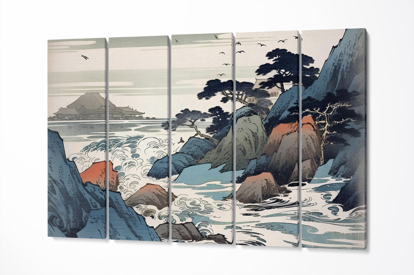 Whispers of the Sea: Ukiyo-e Inspired Japanese Art Canvas Wall Decor Eco Leather Print 5 Panels