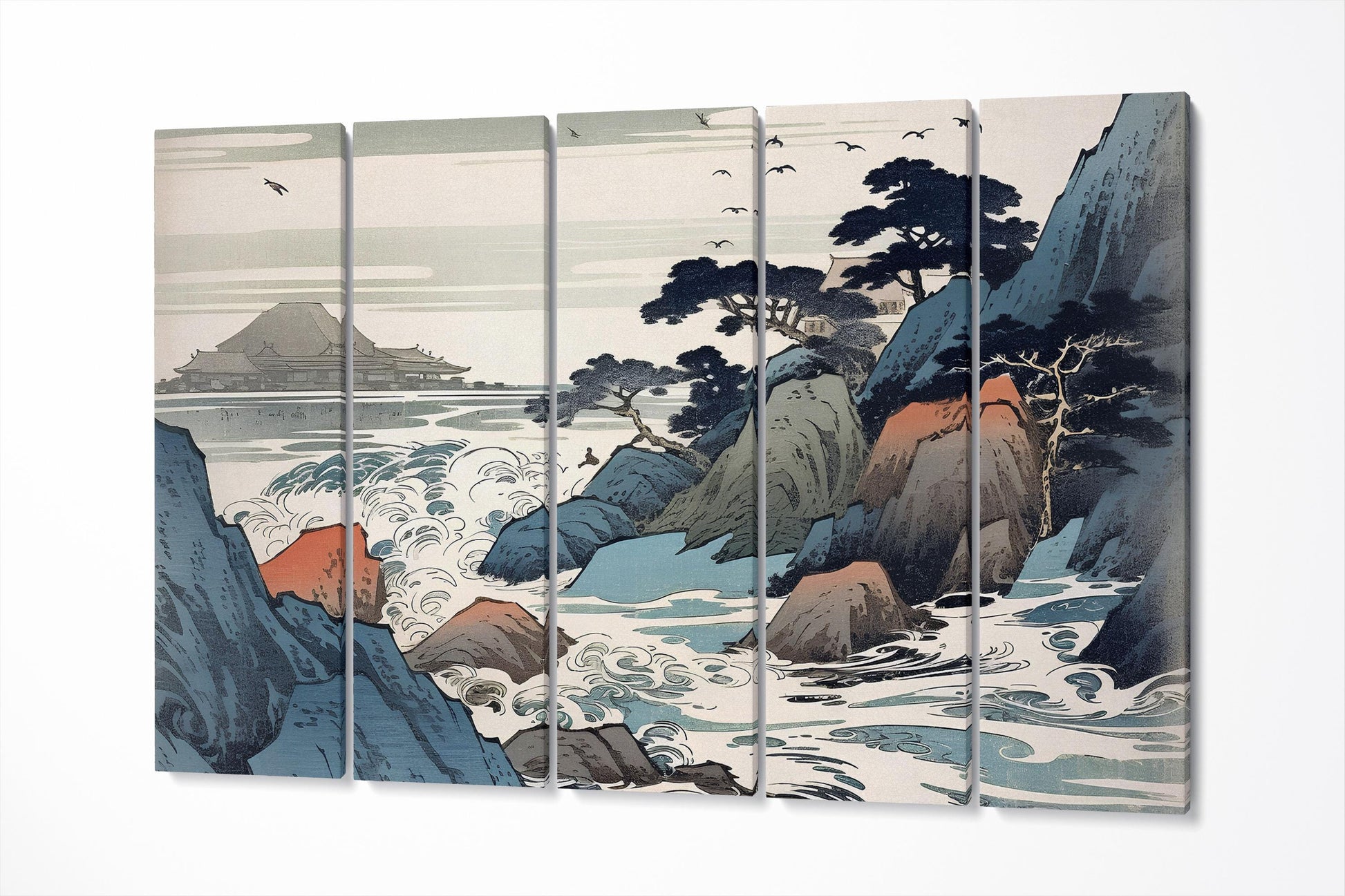 Whispers of the Sea: Ukiyo-e Inspired Japanese Art Canvas Wall Decor Eco Leather Print 5 Panels
