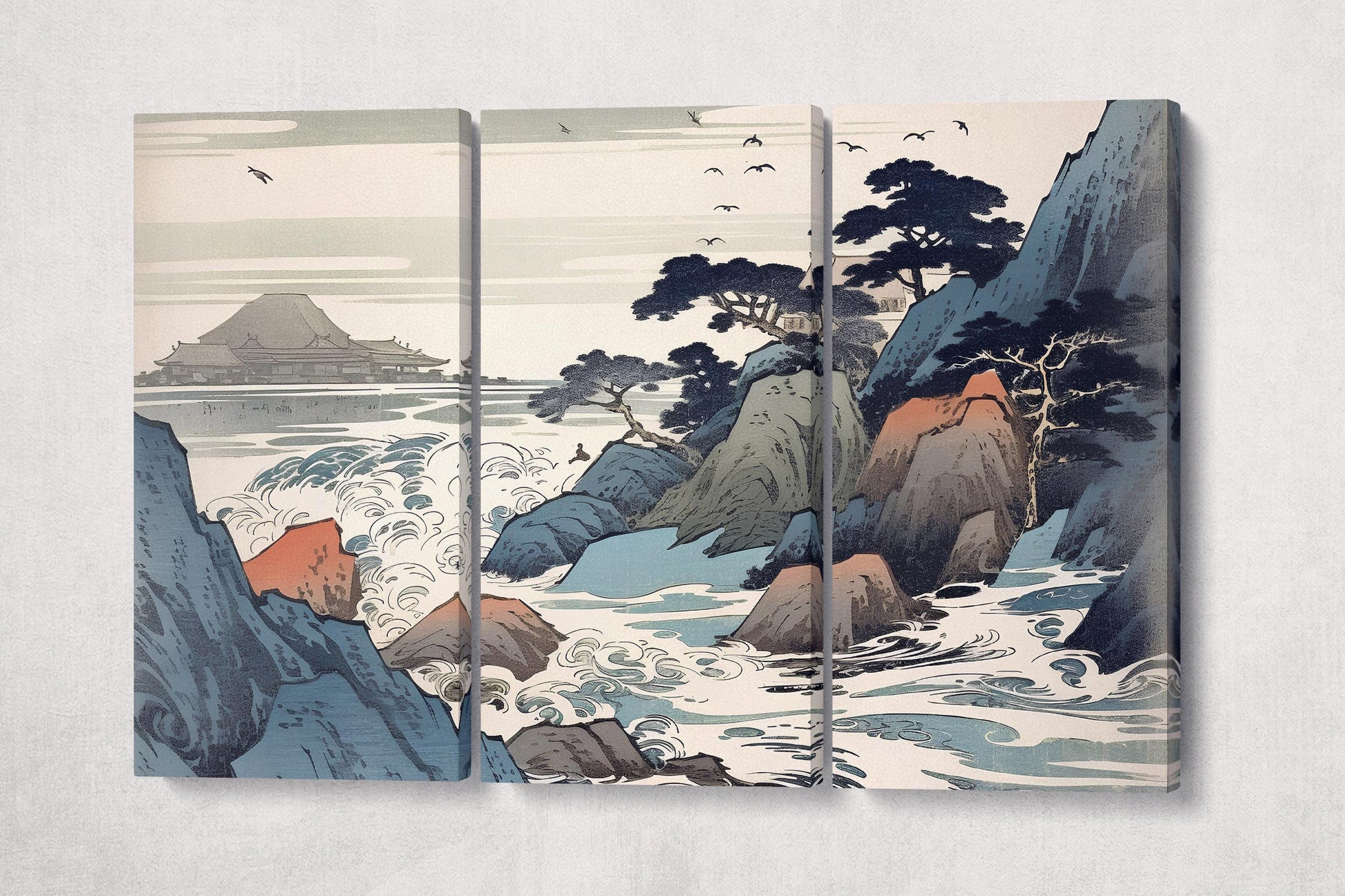 Whispers of the Sea: Ukiyo-e Inspired Japanese Art Canvas Wall Decor Eco Leather Print 3 Panels