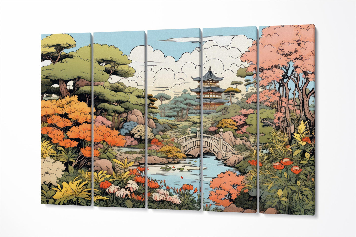 Ukiyo-e Japanese Garden Pagoda Canvas Wall Art Eco Leather Print 5 Panels