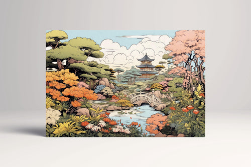 Ukiyo-e Japanese Garden Pagoda Canvas Wall Art Eco Leather Print