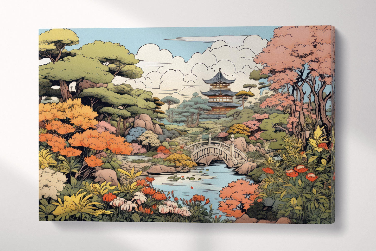 Ukiyo-e Japanese Garden Pagoda Canvas Wall Art Eco Leather Print Single Panel