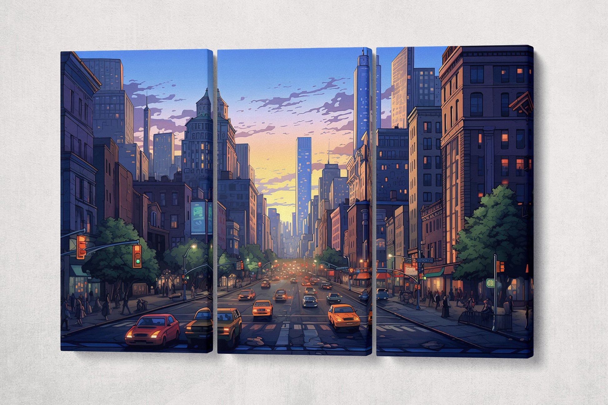 Sunset Glow Over New York Streets Artwork Wall Art Eco Leather Canvas Print 3 Panels