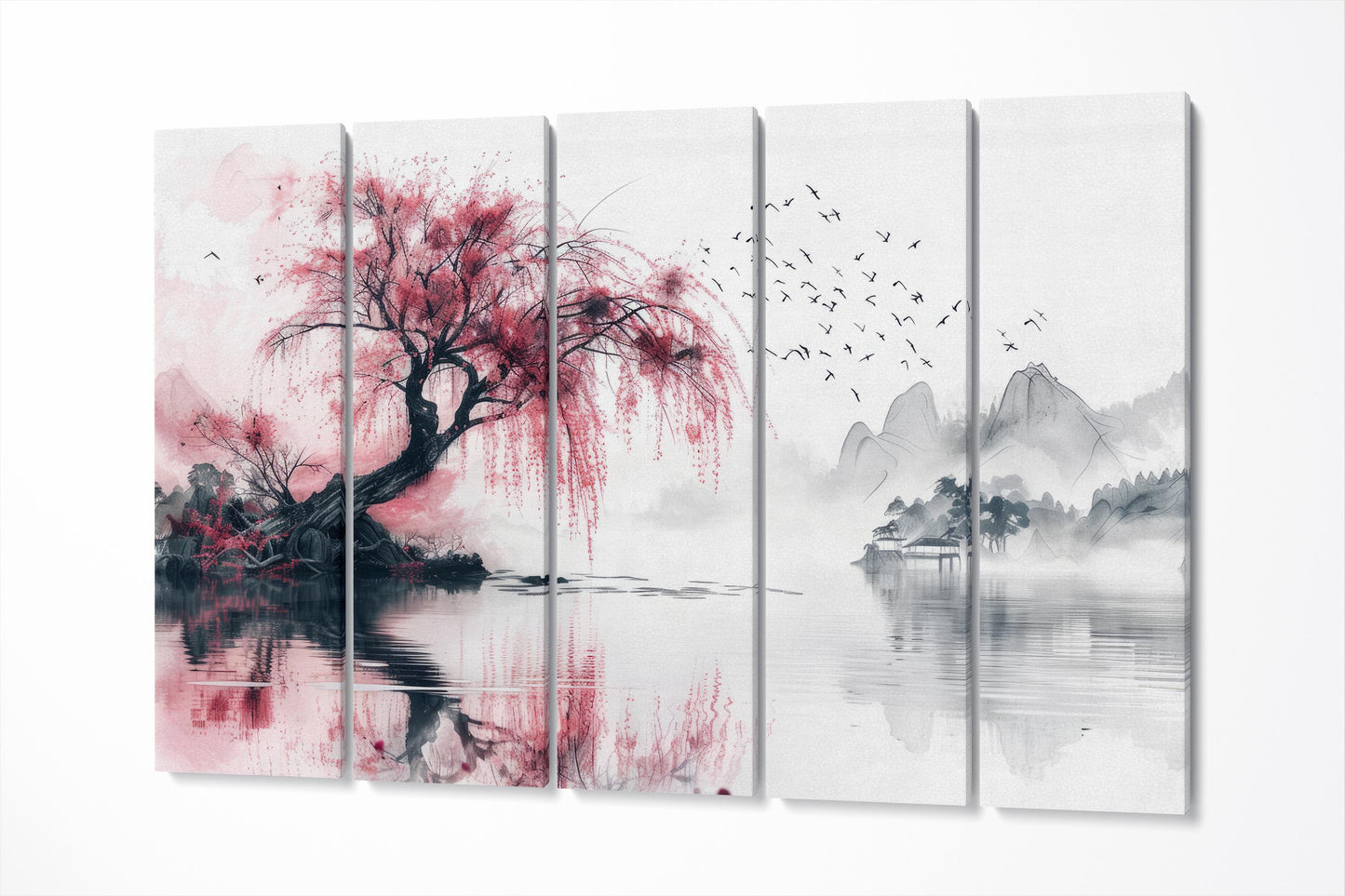 Whispering Sakura Reflections Japanese Style Canvas Wall Art Eco Leather Print 5 Panels