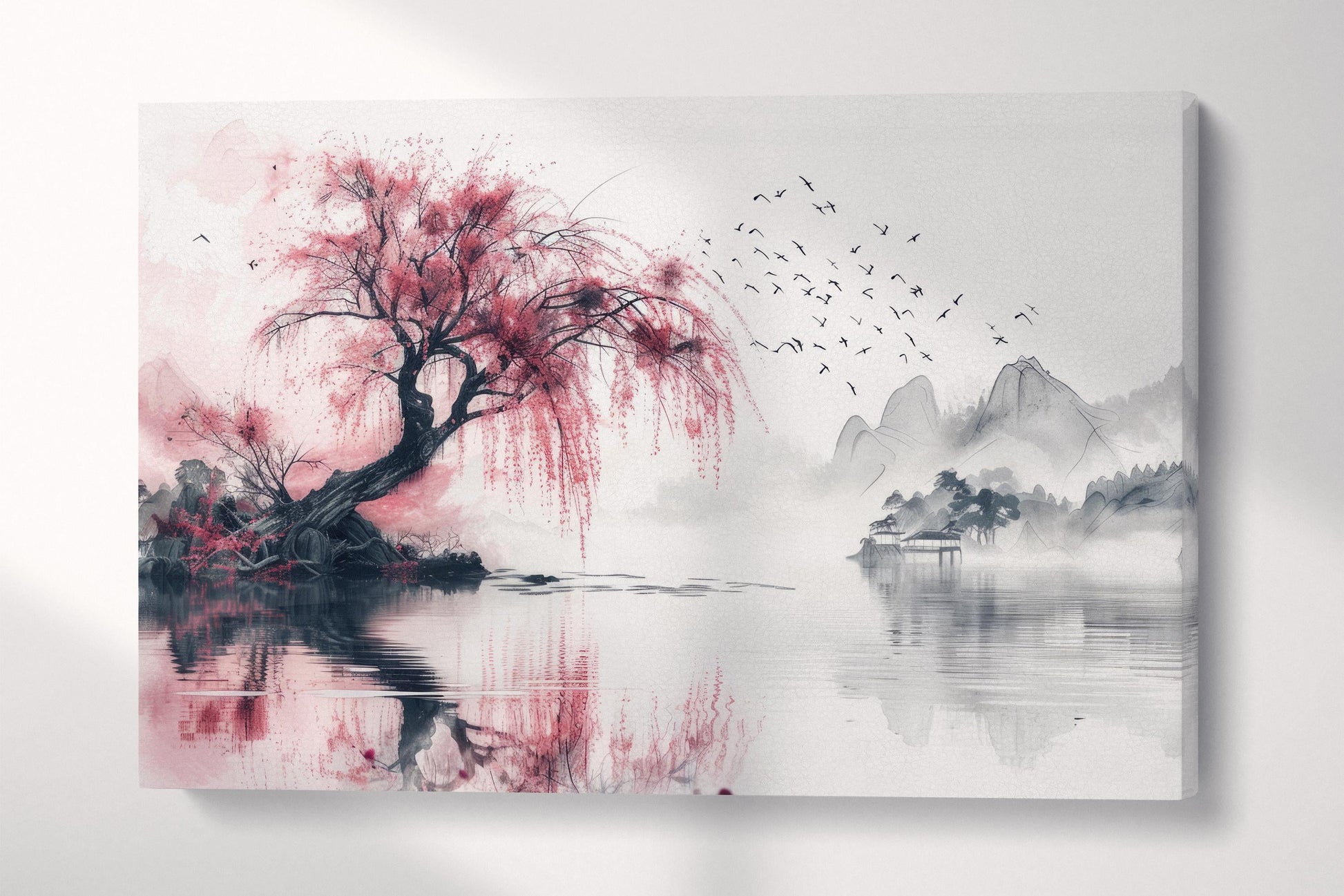 Whispering Sakura Reflections Japanese Style Canvas Wall Art Eco Leather Print Single Panel