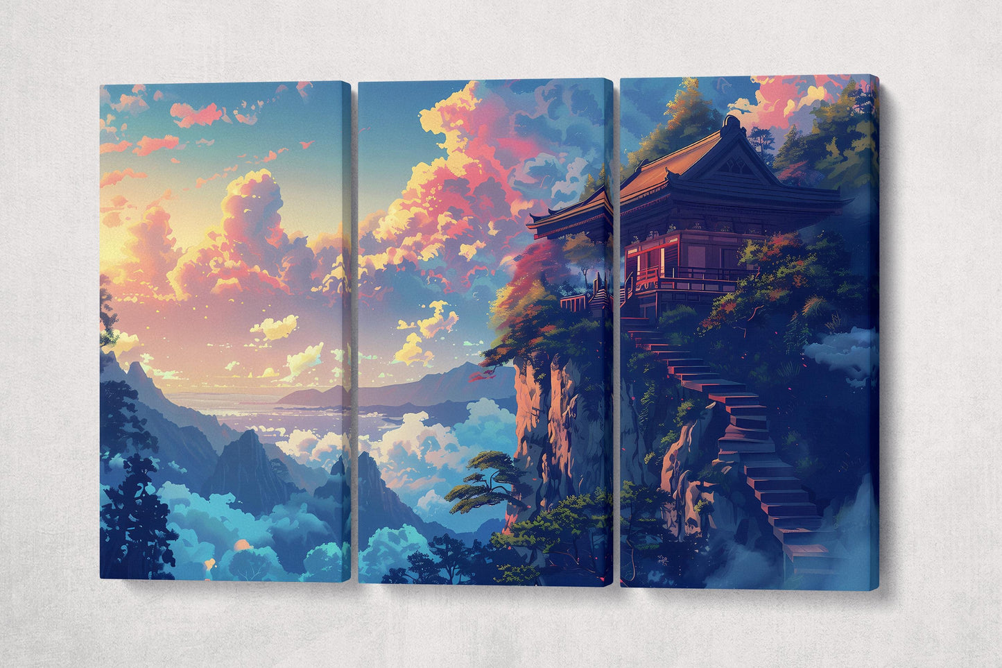 Temple in the Clouds Japanese Sunset Eco Leather Wall Art Canvas Print 3 Panels
