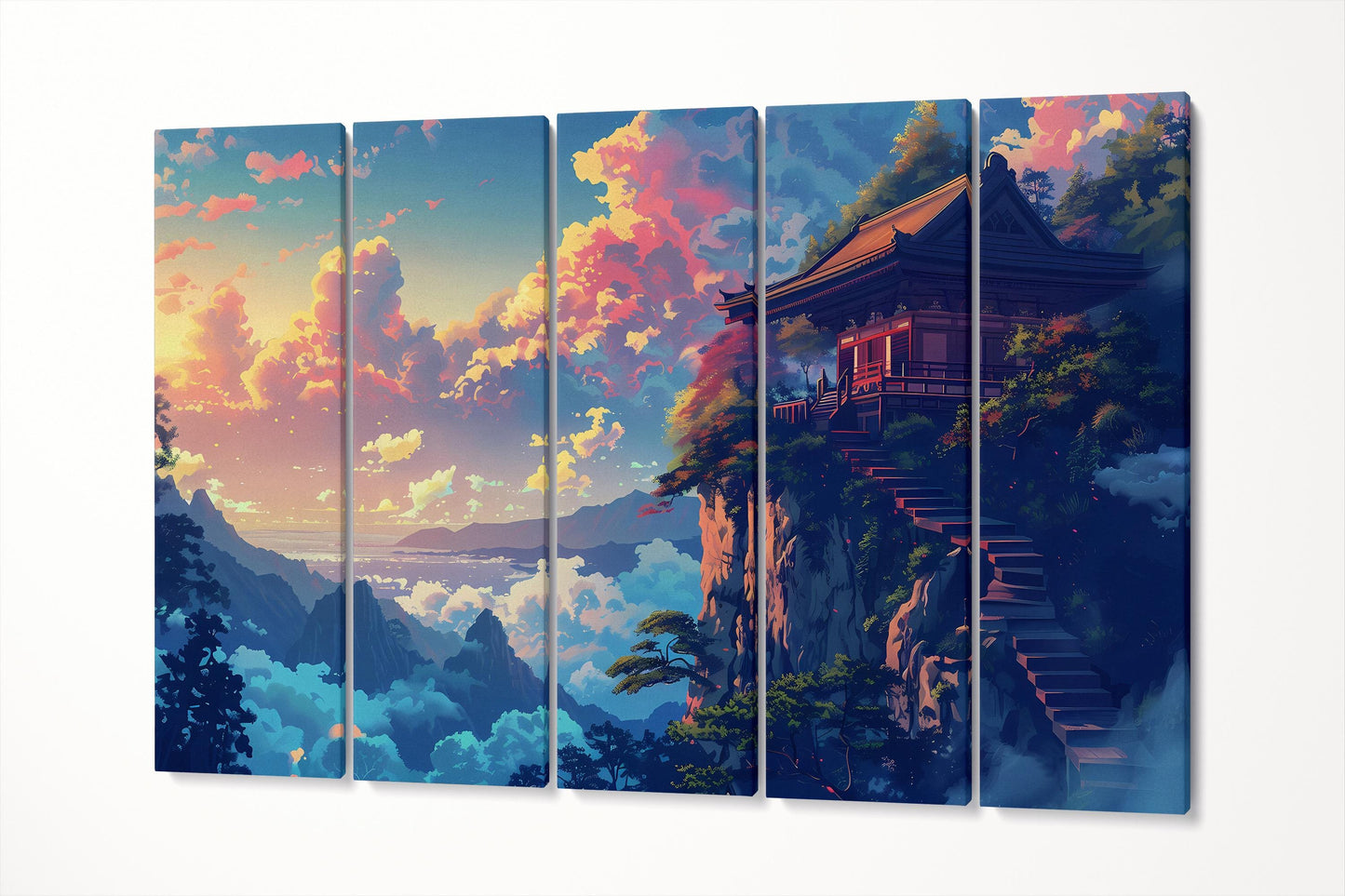 Temple in the Clouds Japanese Sunset Eco Leather Wall Art Canvas Print 5 Panels