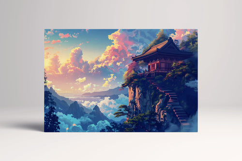 Temple in the Clouds Japanese Sunset Eco Leather Wall Art Canvas Print