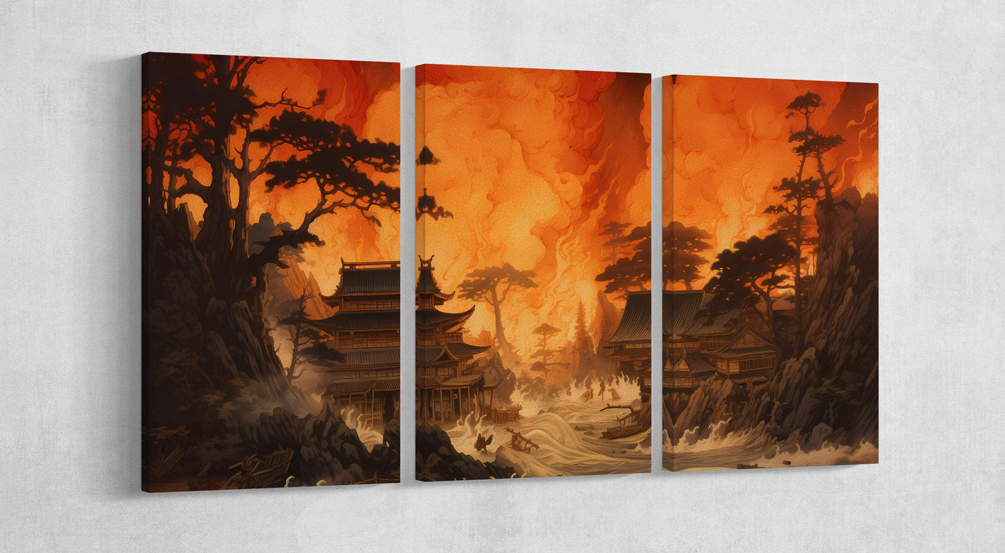 Flames of Eternity Japanese Temple Under Fiery Skies Framed Art Print Wall Decor on Eco Leather Canvas 3 Panels