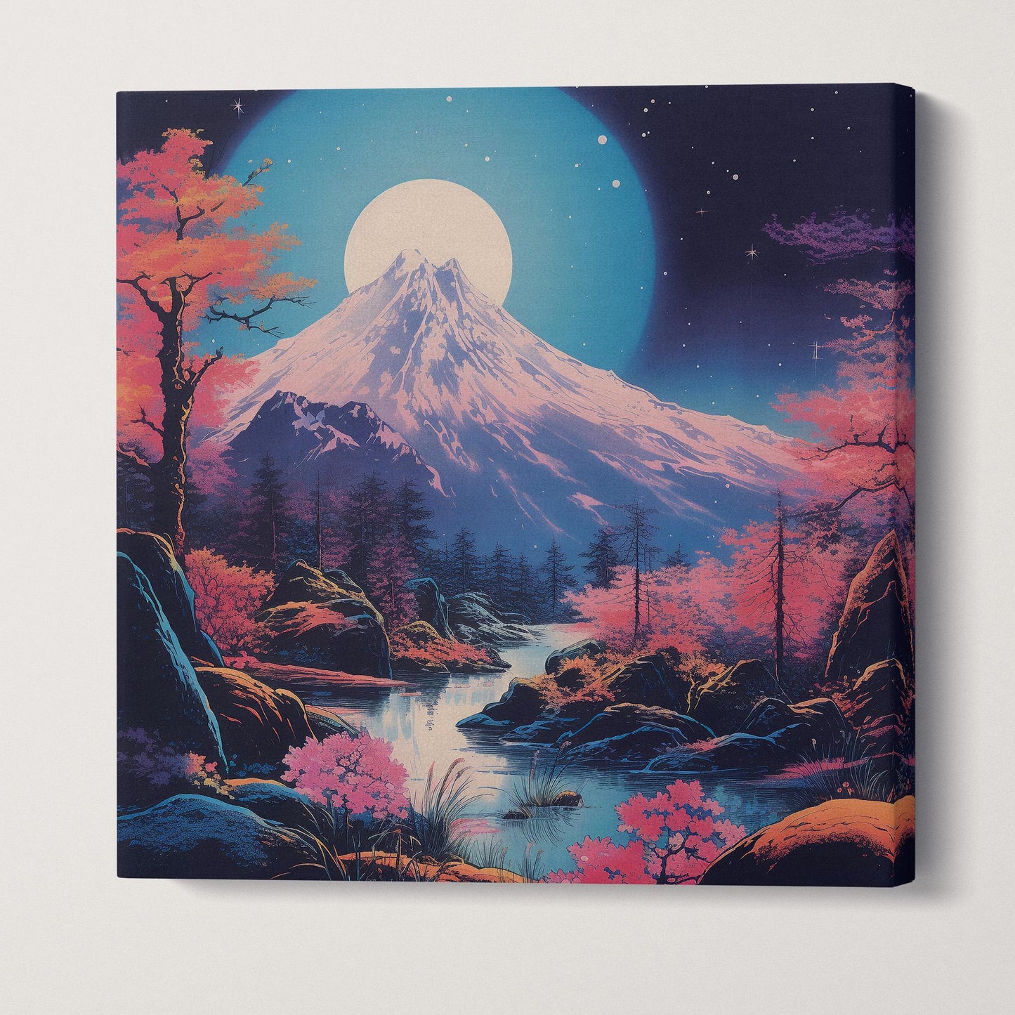 Moonlit Majesty Japanese Mountainscape Wall Art Canvas Eco Leather Print