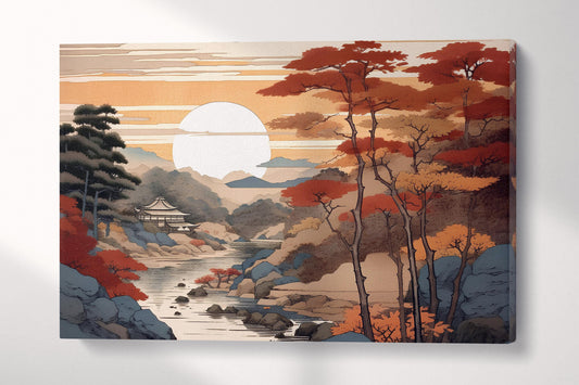 Ukiyo-e Style Autumn Landscape Japanese Nature Eco Leather Wall Art Canvas Print Single Panel