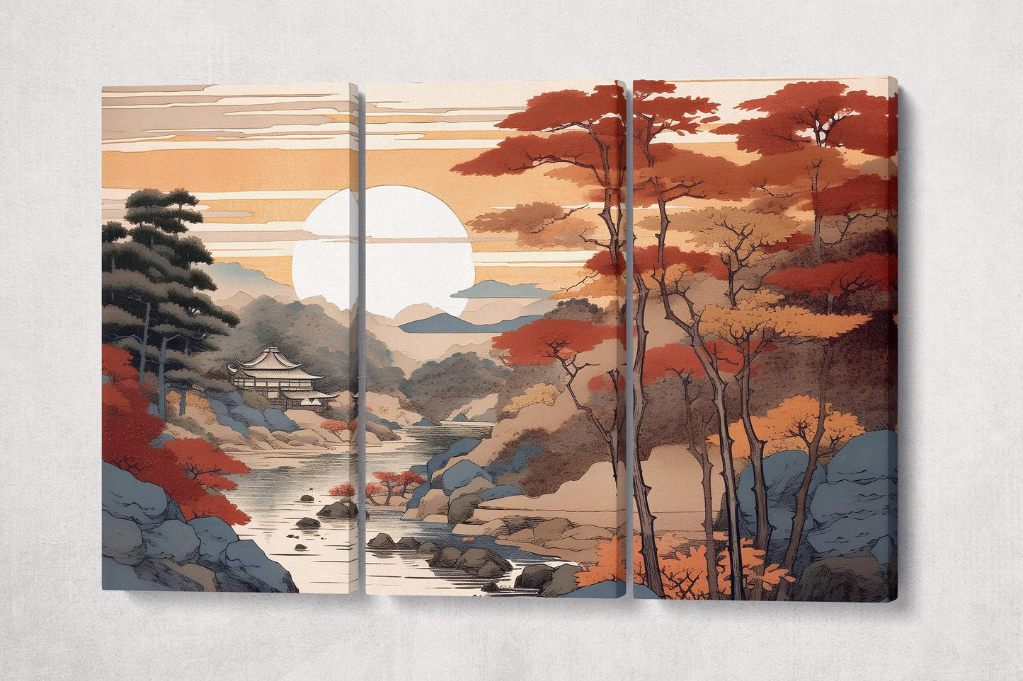 Ukiyo-e Style Autumn Landscape Japanese Nature Eco Leather Wall Art Canvas Print 3 Panels