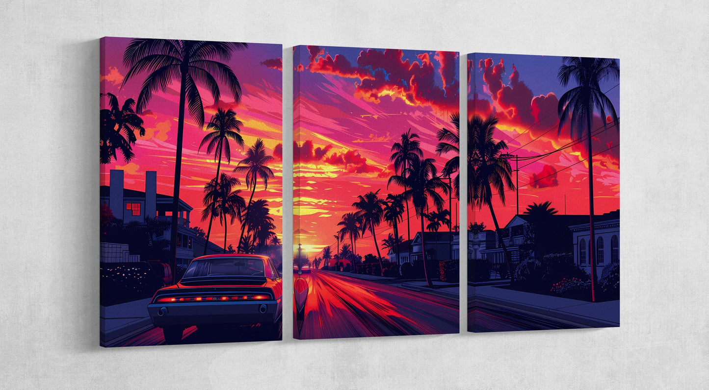 Retro Sunset Drive Vibrant Palms Hawaii Canvas Print Wall Decor Eco Leather Canvas Print 3 Panels