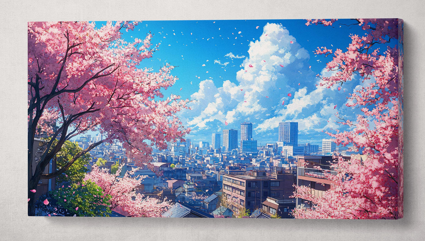 Sakura Skyline Urban Spring Blossom Canvas Wall Art Framed Print on Eco Leather Single Panel