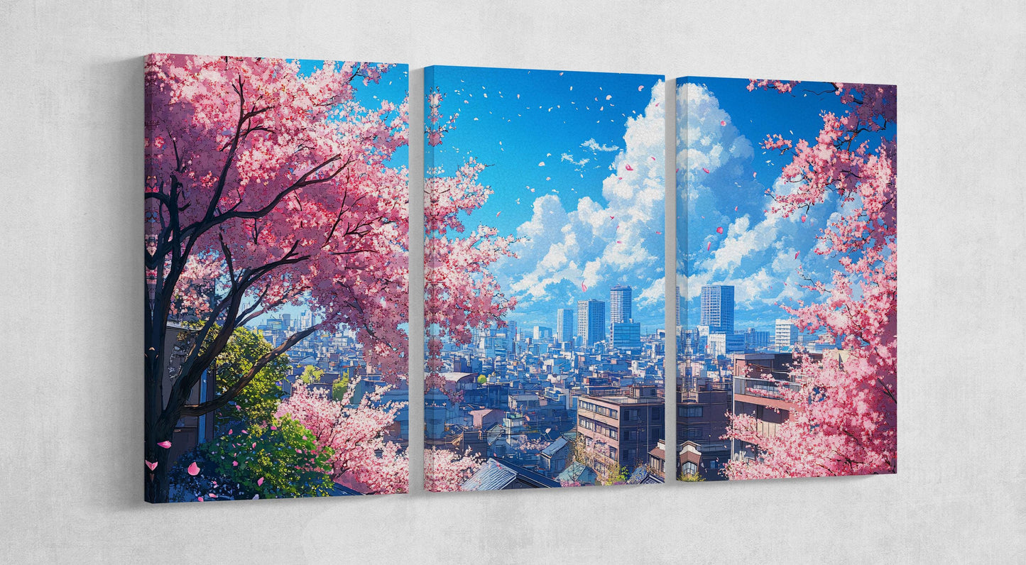 Sakura Skyline Urban Spring Blossom Canvas Wall Art Framed Print on Eco Leather 3 Panels