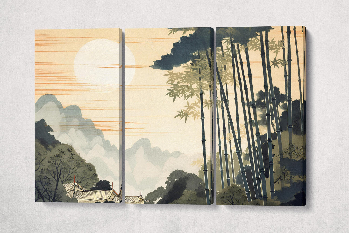 Ukiyo-e Style Bamboo Forest at Sunrise Asian Wall Art Scene Eco Leather Home Decor Canvas Print 3 Panels