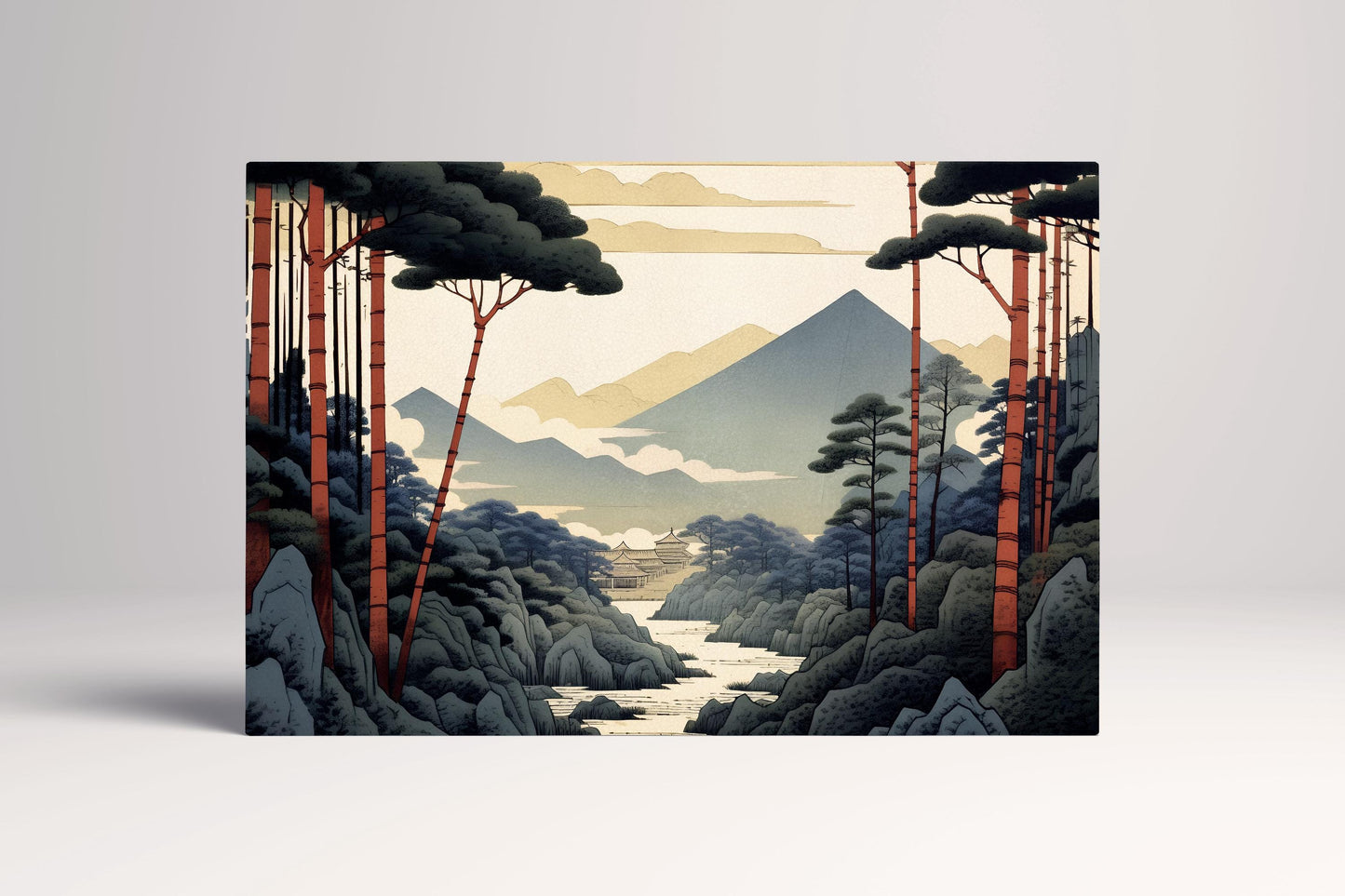 Ukiyo-e Japanese Mountain Red Pine Trees Landscape Eco Leather Wall Art Canvas Print