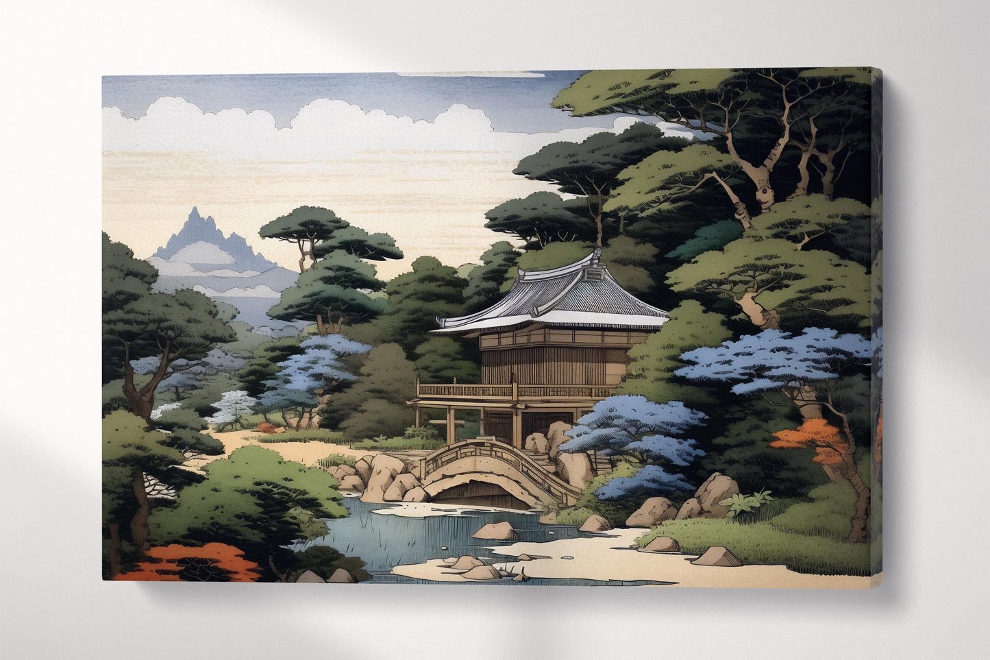 Japanese Zen Garden & Temple Ukiyo-e Inspired Wall Art Eco Leather Home Decor Canvas Print Single Panel
