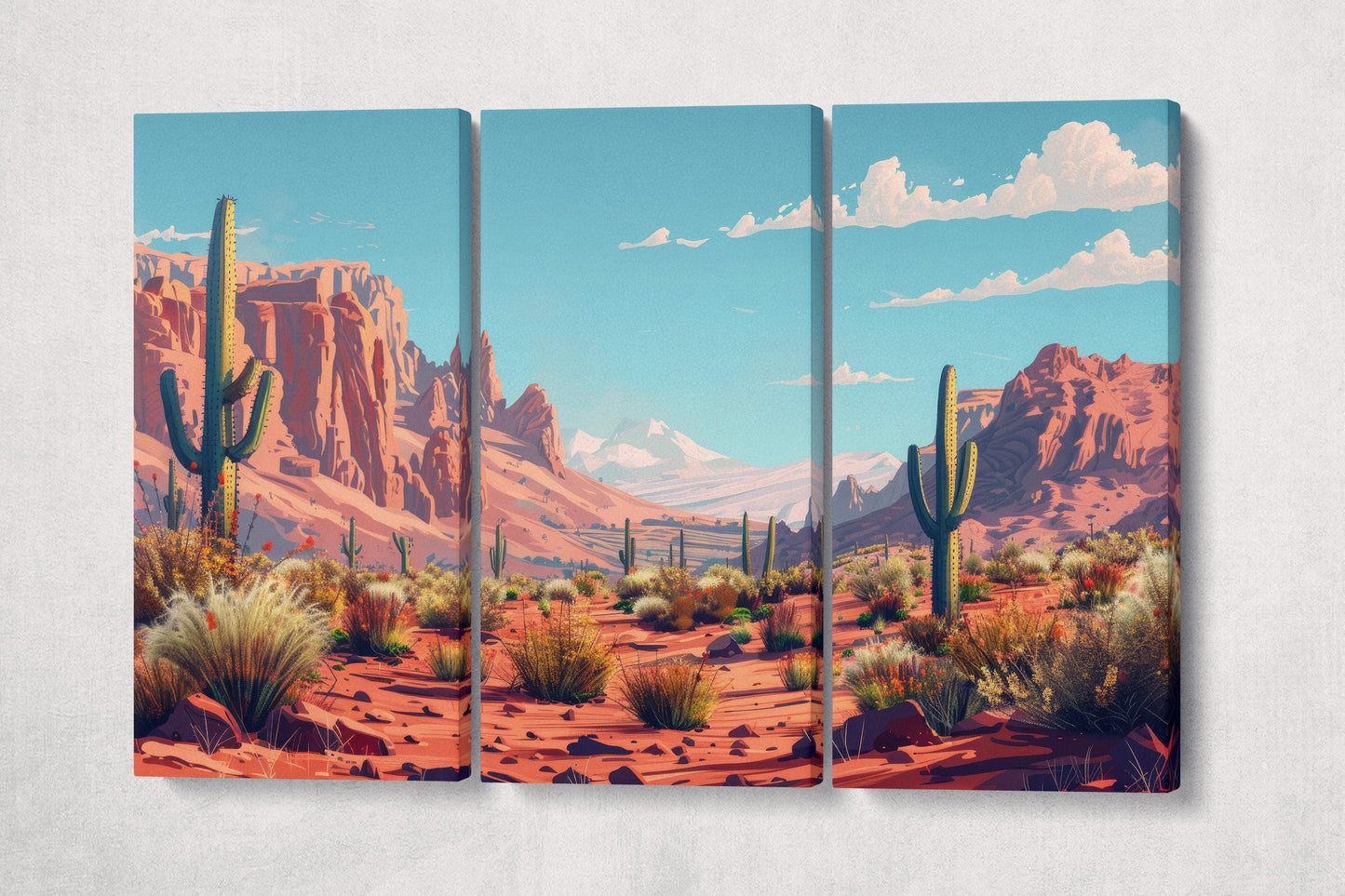 Sunlit Desert Oasis Southwest Landscape Wall Art Eco Leather Home Decor Canvas Print 3 Panels