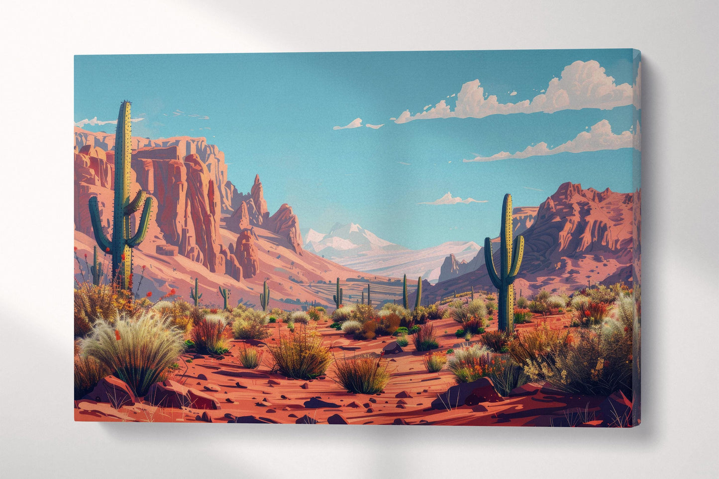 Sunlit Desert Oasis Southwest Landscape Wall Art Eco Leather Home Decor Canvas Print Single Panel