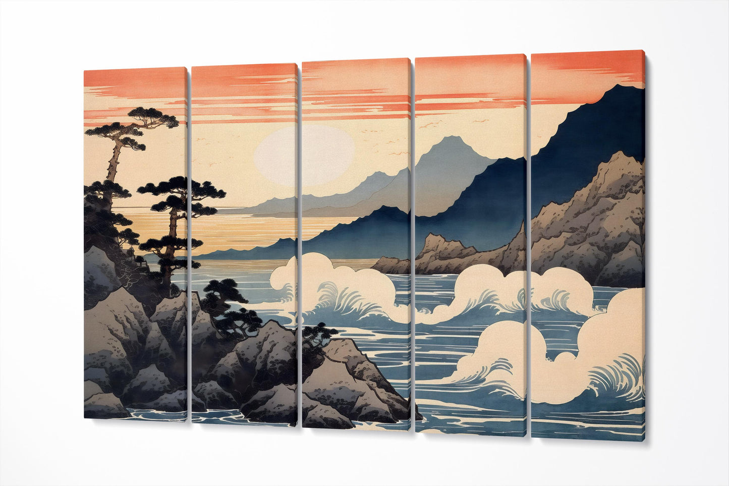 Whispers of the Japanese Coast Ukiyo-e Style Canvas Wall Art Eco Leather Print 5 Panels
