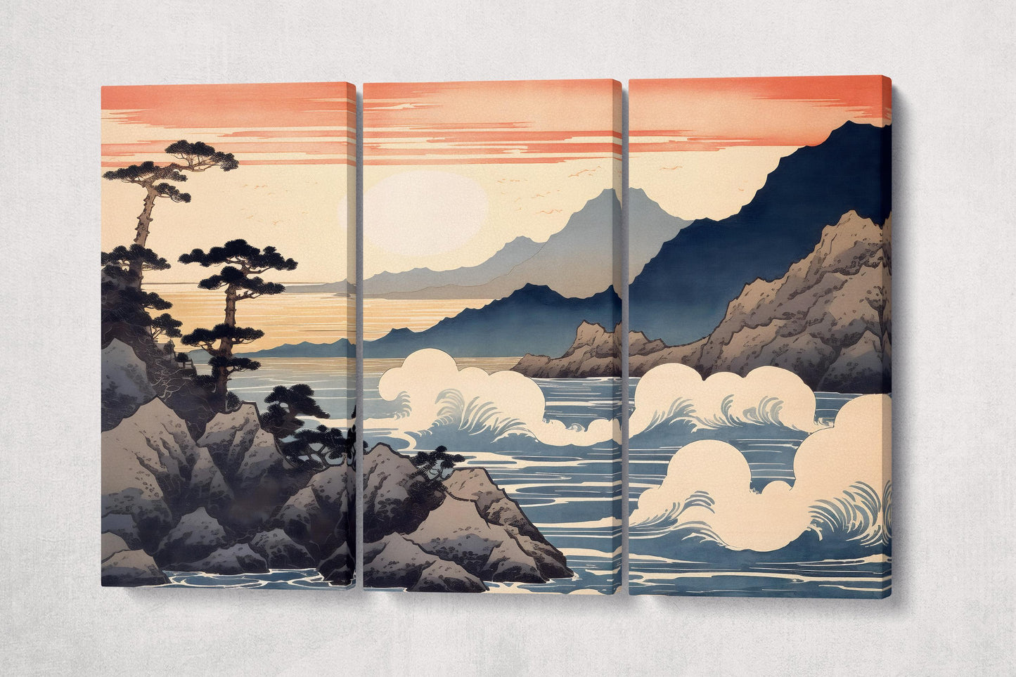 Whispers of the Japanese Coast Ukiyo-e Style Canvas Wall Art Eco Leather Print 3 Panels