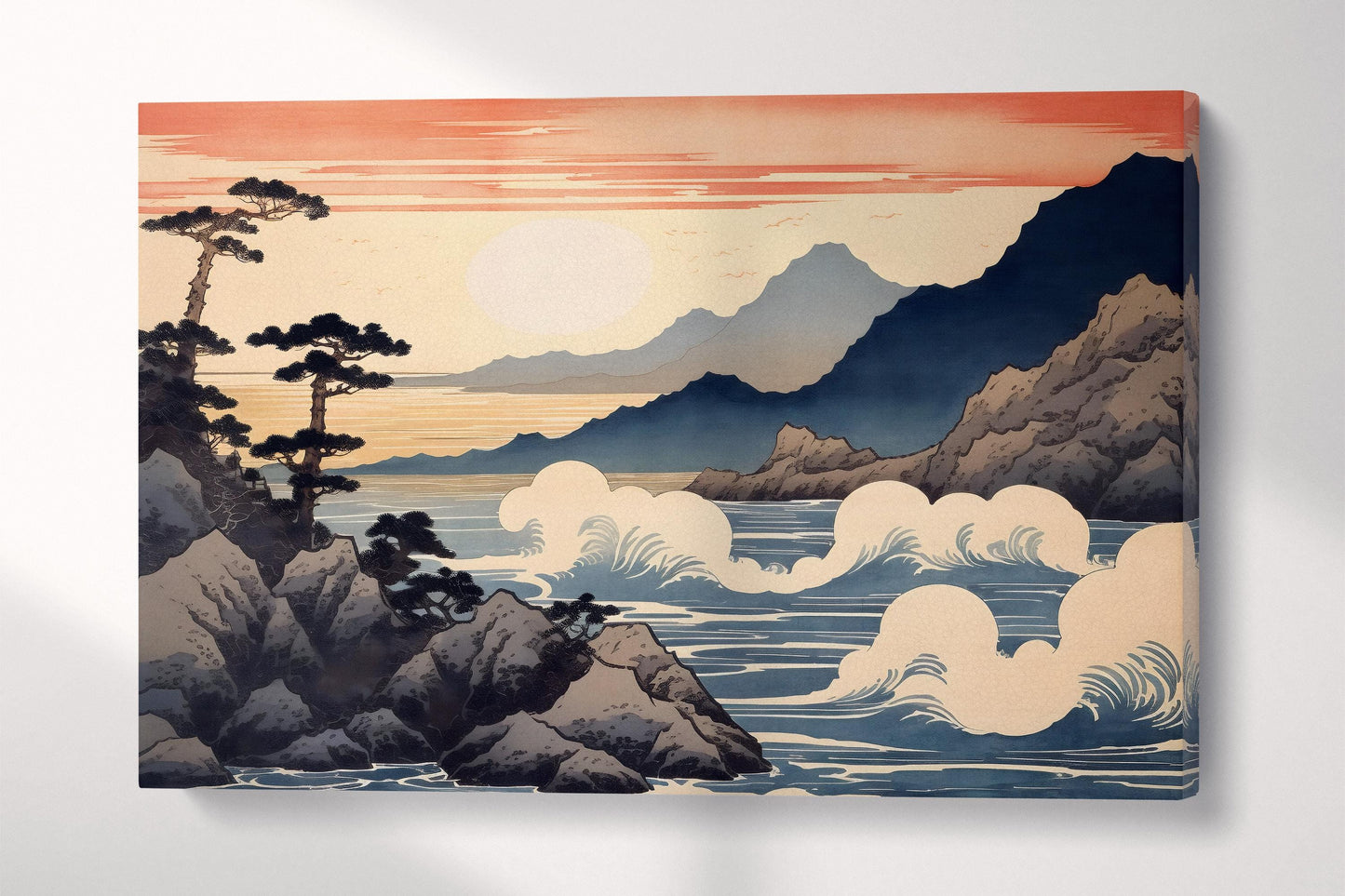 Whispers of the Japanese Coast Ukiyo-e Style Canvas Wall Art Eco Leather Print Single Panel