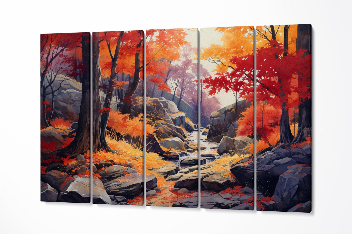 Whispering Autumn Forest Wall Art Eco Leather Home Decor Canvas Print 5 Panels