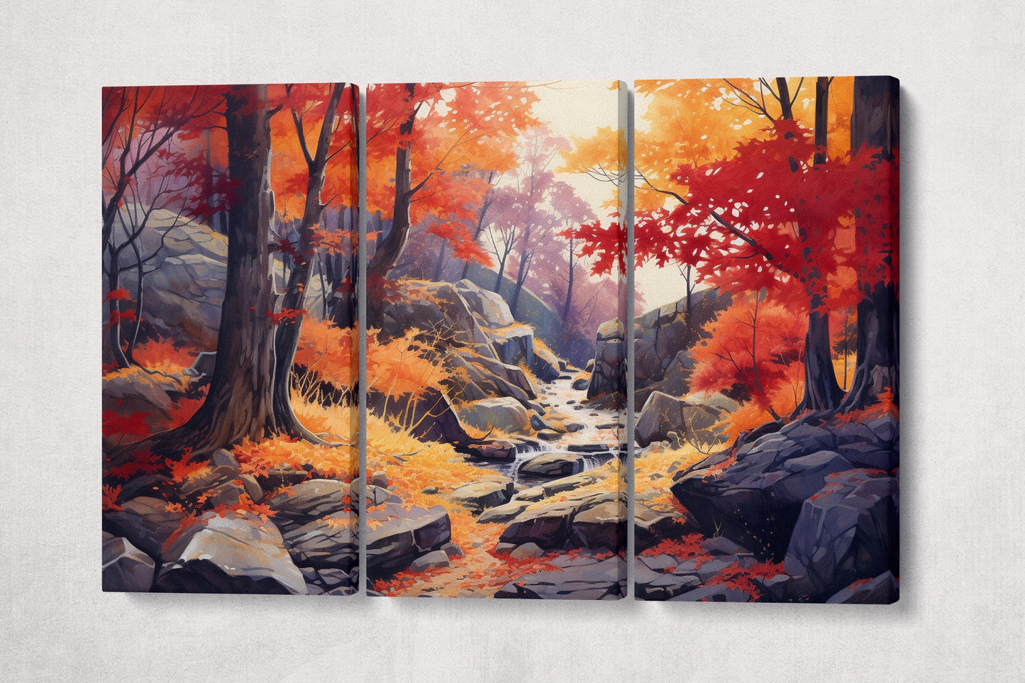Whispering Autumn Forest Wall Art Eco Leather Home Decor Canvas Print 3 Panels