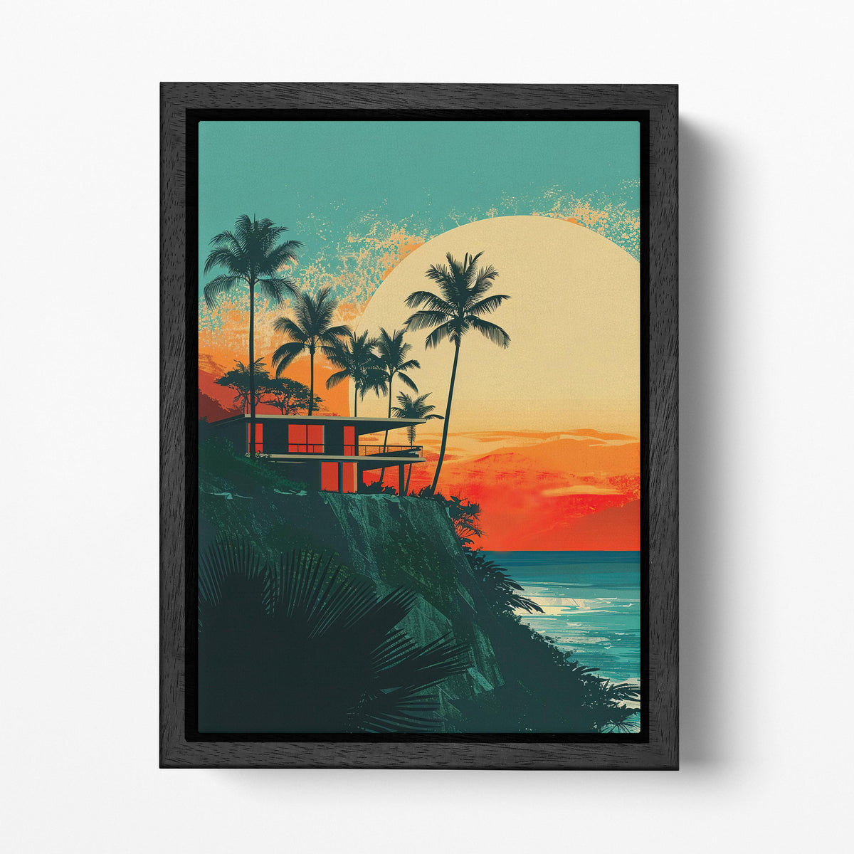 Sunset Dreams on the Coastline Canvas Wall Art Eco Leather Print Black Frame