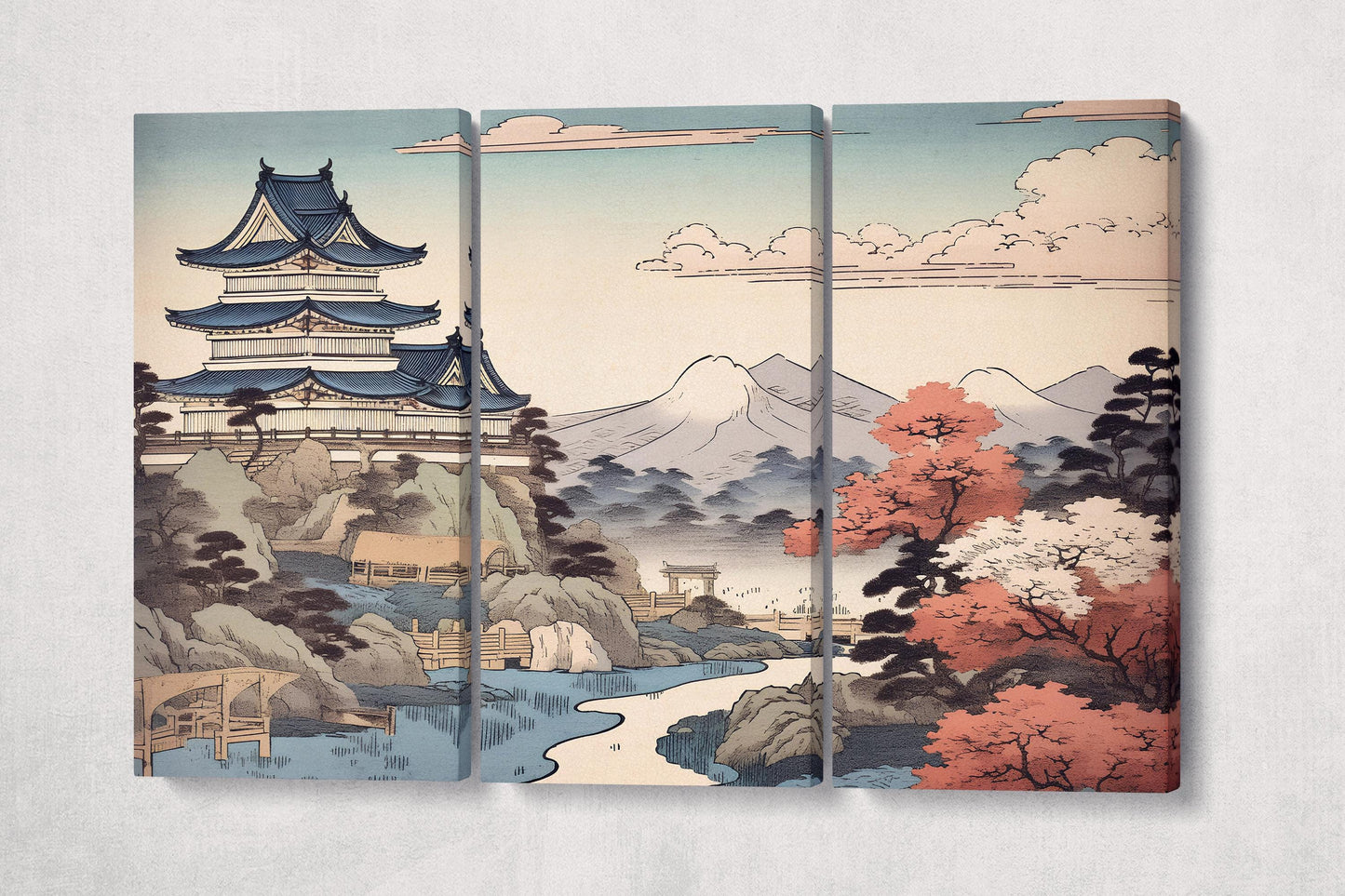 Japanese Pagoda & Mountain View Ukiyo-e Eco Wall Art Eco Leather Home Decor Canvas Print 3 Panels
