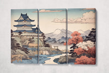 Load image into Gallery viewer, Japanese Pagoda &amp; Mountain View Ukiyo-e Eco Wall Art Eco Leather Home Decor Canvas Print 3 Panels
