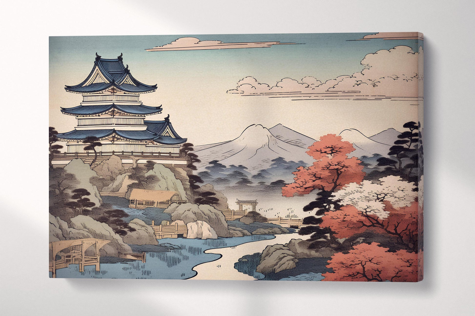 Japanese Pagoda & Mountain View Ukiyo-e Eco Wall Art Eco Leather Home Decor Canvas Print Single Panel