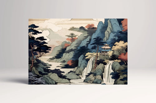 Waterfall Pagoda Ukiyo-e Wall Art Eco Leather Home Decor Canvas Print