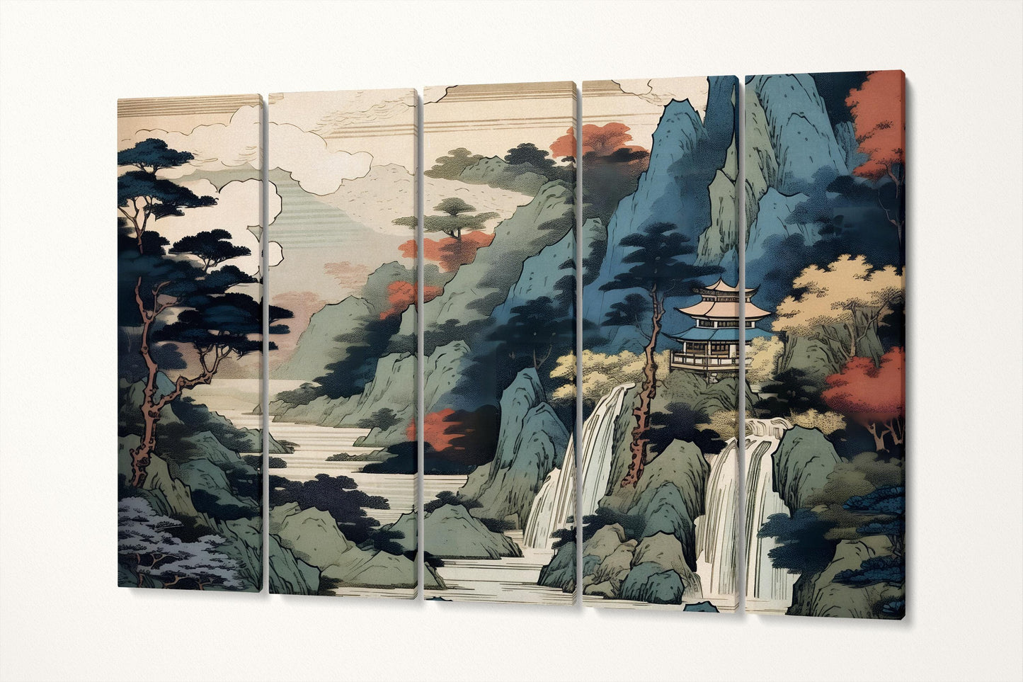 Waterfall Pagoda Ukiyo-e Wall Art Eco Leather Home Decor Canvas Print 5 Panels