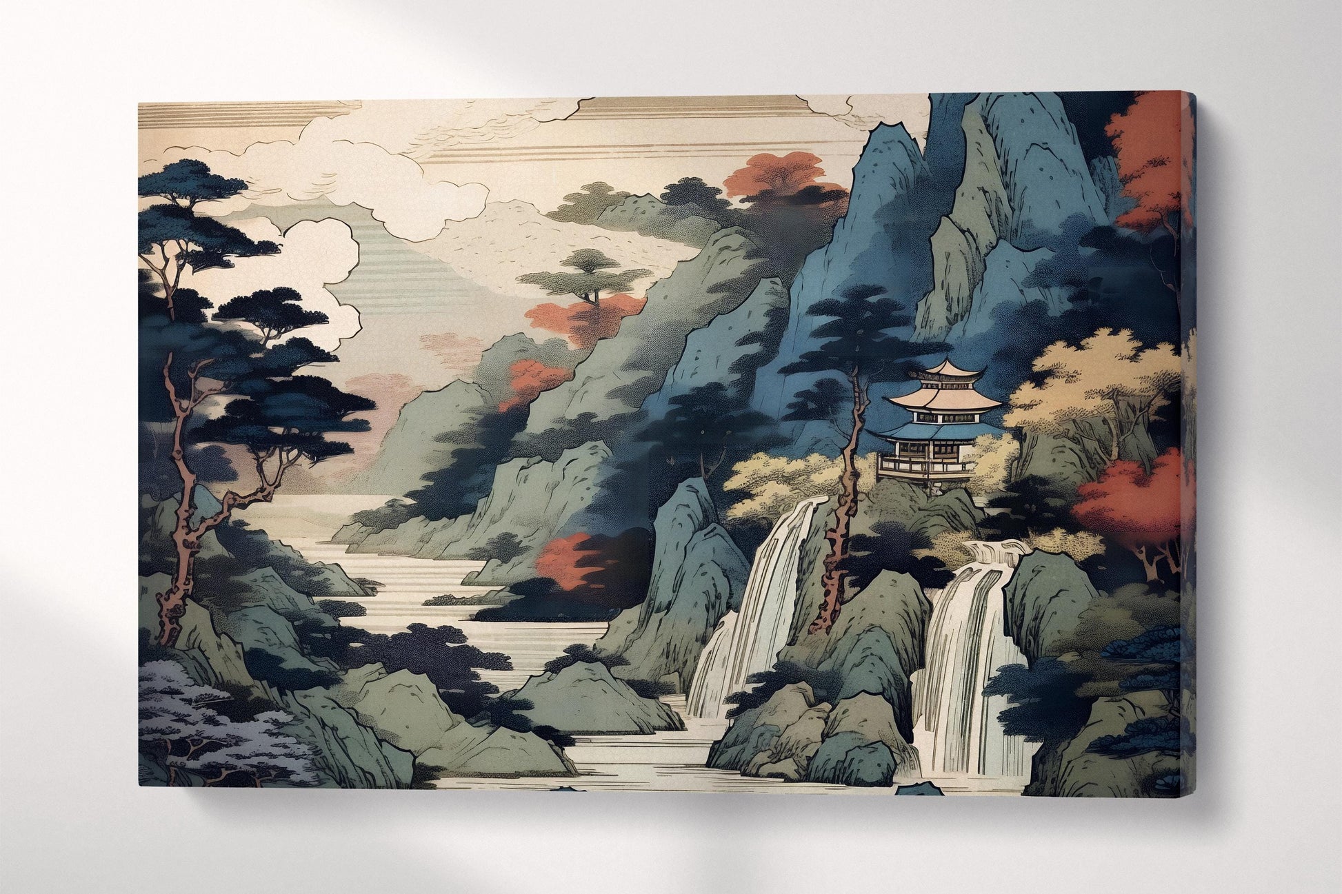 Waterfall Pagoda Ukiyo-e Wall Art Eco Leather Home Decor Canvas Print Single Panel