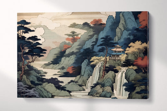 Waterfall Pagoda Ukiyo-e Wall Art Eco Leather Home Decor Canvas Print Single Panel