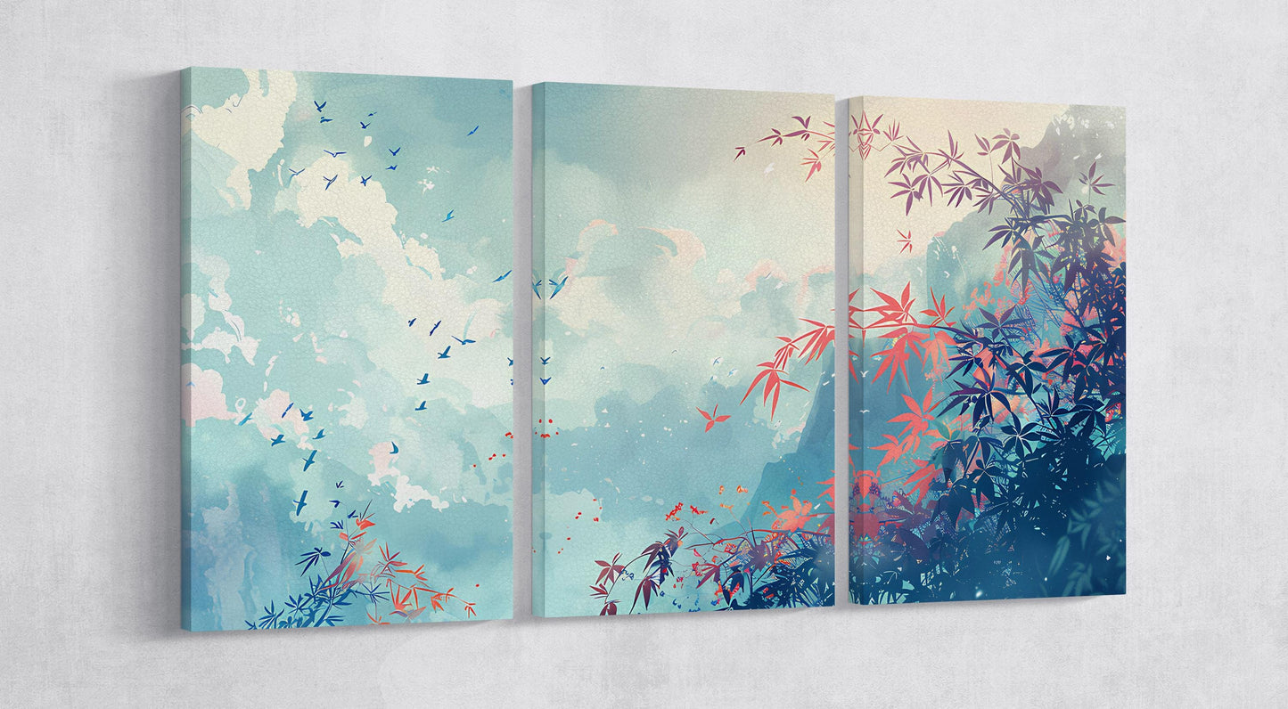 Dreamlike Bamboo Forest Japanese Style Eco Leather Canvas Wall Decor Print 3 Panels