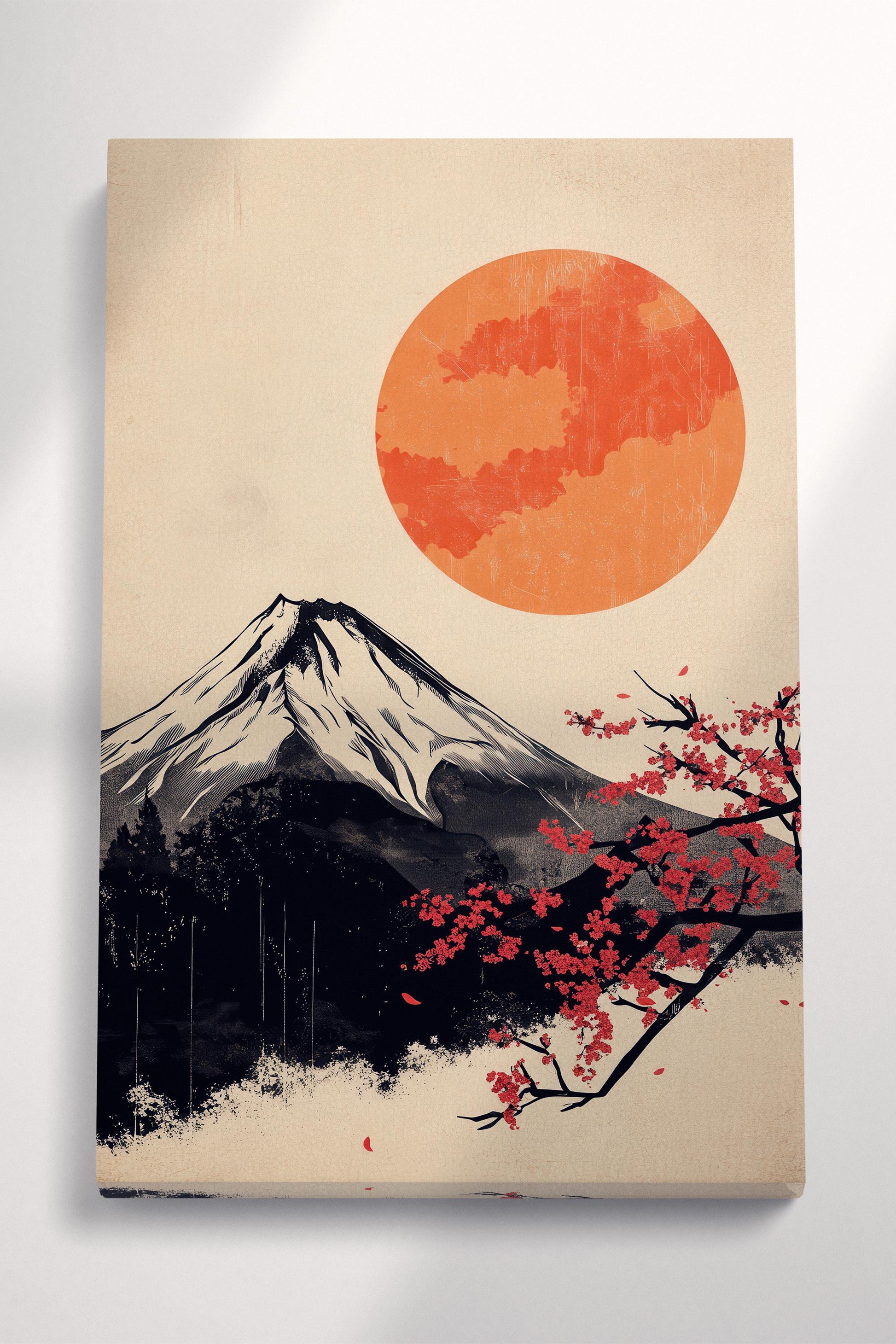 Fuji Artwork Sakura and the Rising Sun Japan Wall Art Eco Leather Canvas Wall Decor Print
