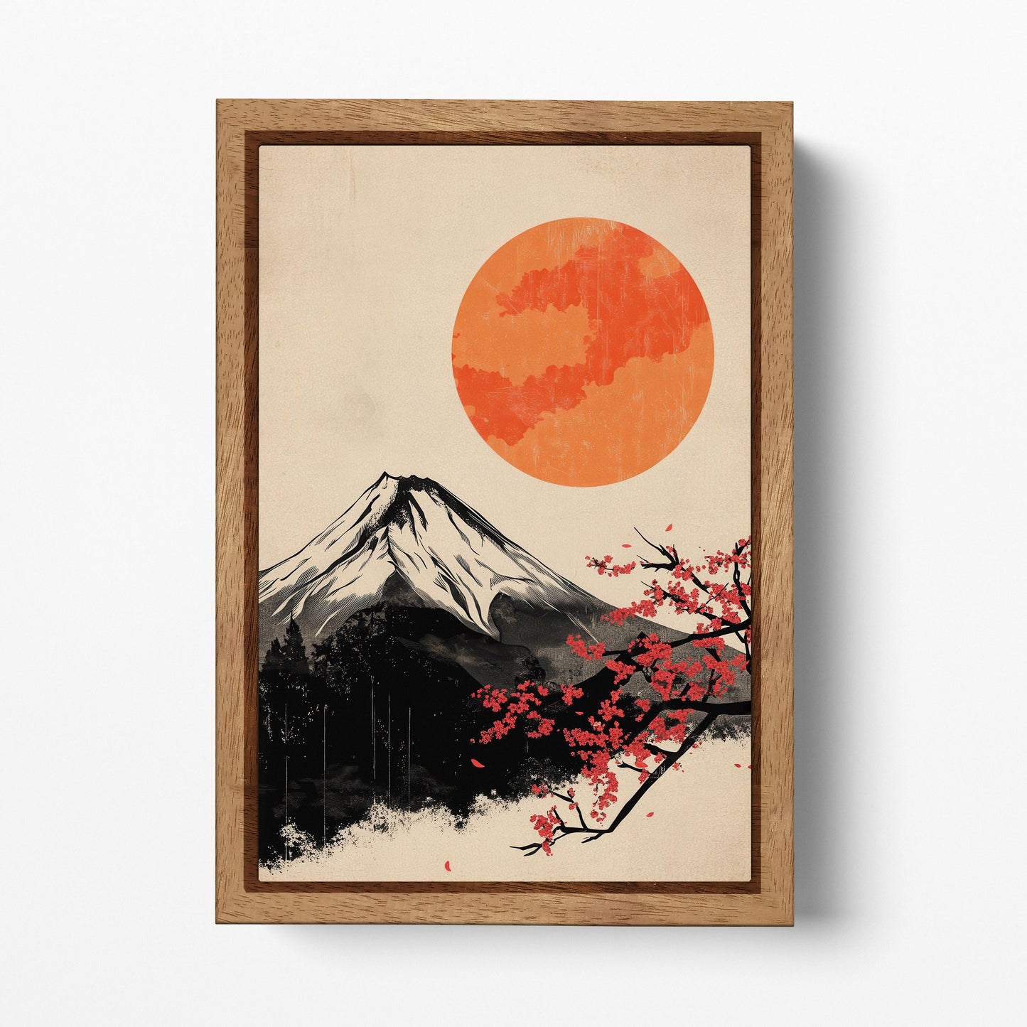 Fuji Artwork Sakura and the Rising Sun Japan Wall Art Eco Leather Canvas Wall Decor Print Wood Frame